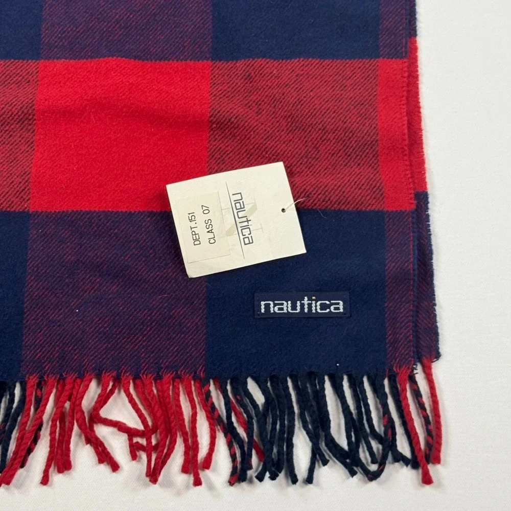 Nautica Vintage Scarf Red Navy Blue Buffalo Plaid Check Fringed Winter NWT